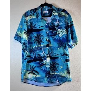 Euow Hawaiian Size XL Shirt S/S Blue Multi Palms Sailboats Islands